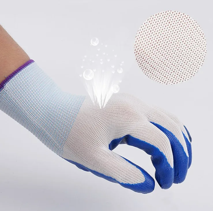 Oil Resistant 13 Gauge Nylon Coating Smooth Nitrile Work Gloves For Safety Construction