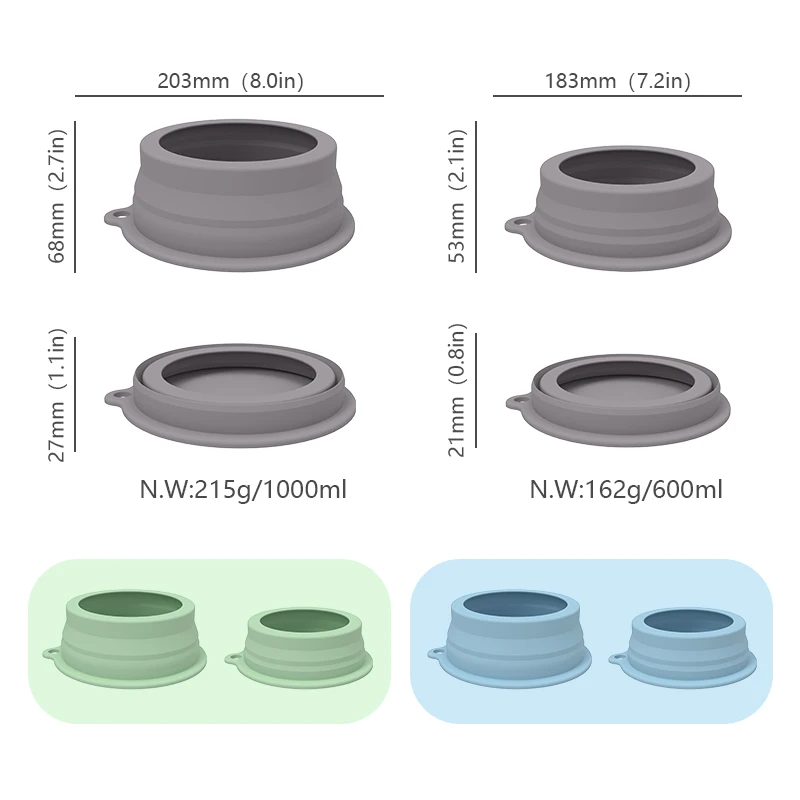 2-in-1 Collapsible Silicone Dog Travel Bowls  BPA Free Water Bowl No-Spill  Pet Food Water Feeder Bowl with Carabiner Clip