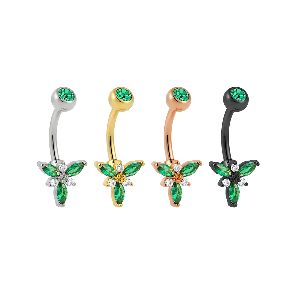Superstar G23 titanium externally threaded belly button ring 3 emerald marquise shape zircon PVD navel body piercing jewelry