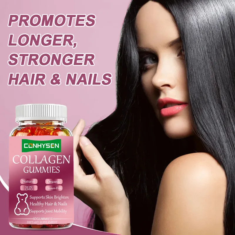 Improve Hair Skin Healthy Food Supplement Beauty Collagen Gummies Customized Private Label Sugar 60pcs Bottled Candy