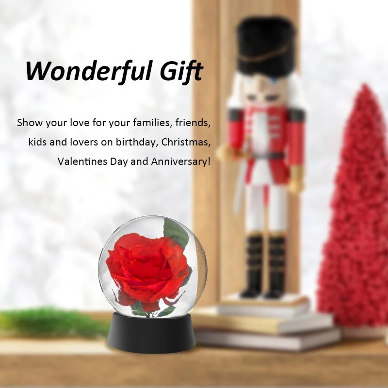 resin natural real preserved red rose dried flowers decorative resin flower globe ball with black base Christmas eternity roses