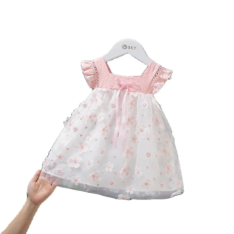 Летнее Сетчатое платье для девочек Sunny Baby, модное ТРАПЕЦИЕВИДНОЕ платье с рукавами-фонариками и цветочным принтом