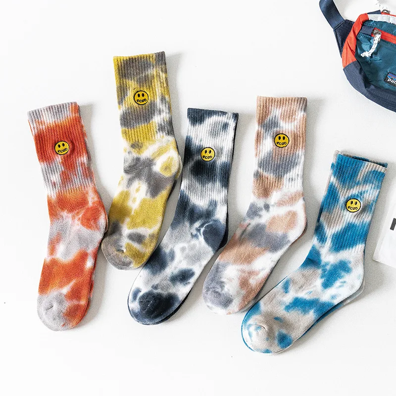 Fashion Brand Paint-splashing Hip Hop Socks Tie Dye Embroidery Cotton Happy Face Basketball Sports Socks