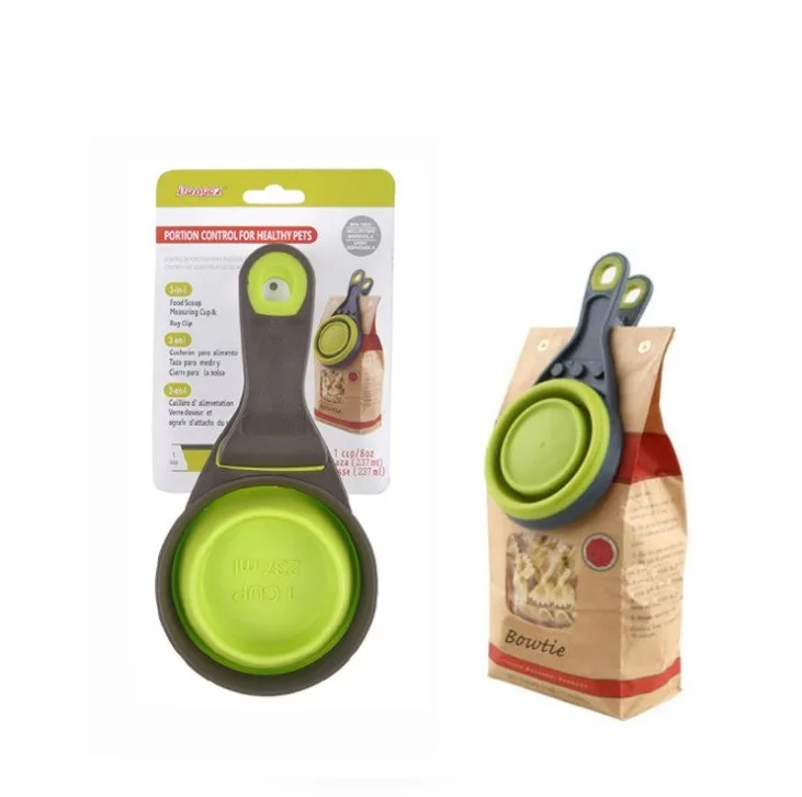 Multi-function sealing clip dog cat folded food scoop spoon pet bowls feeders