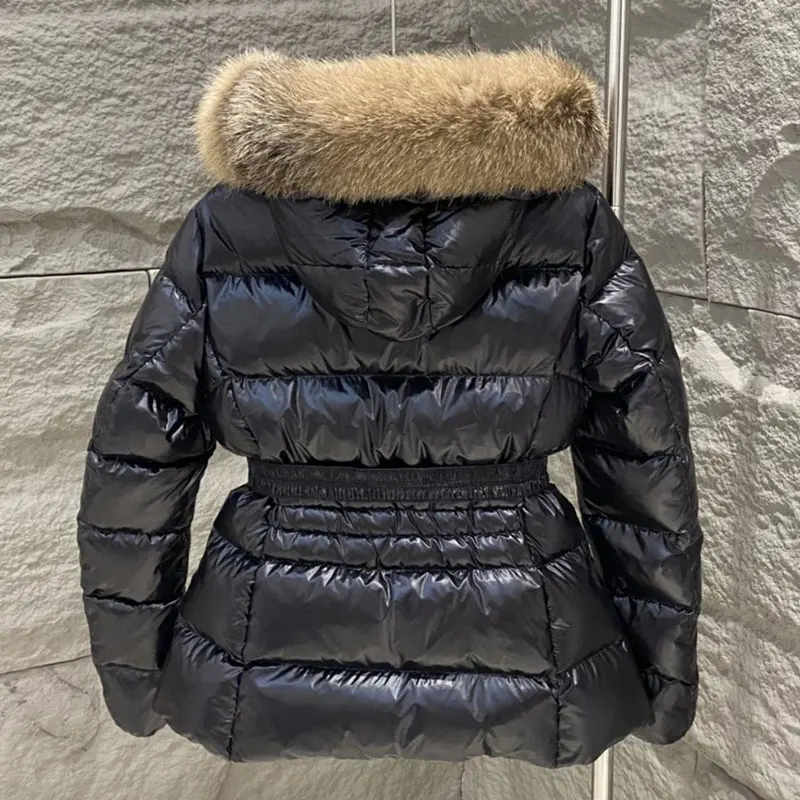 Winter Warm High Quality Belt Designer Multi Colors Luxury Fox Fur Hooded Short  Down Jackets For Women