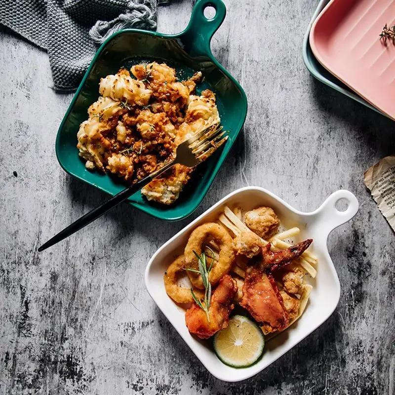 Nordic Breakfast Western Dish Square Baking Handle Porcelain High Quality Ceramic Plates