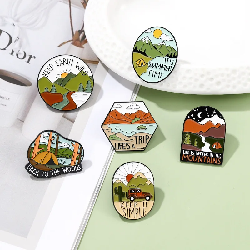 Wholesale high quality popular mountains and rivers custom tourism lapel badge enamel pin
