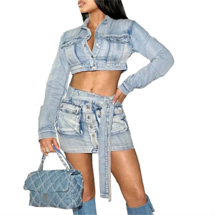 Wholesale Fashion Washed Denim Belt Pocket Two Piece Skirt womens sets