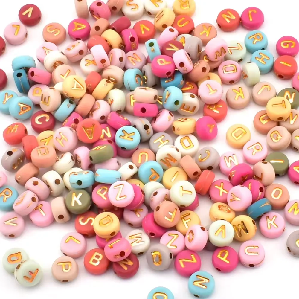 Hot Sale 100pcs/500g   4x7mm Handmade Craft Decor Multiple Colors Gold 26 Letters Round Flat Acrylic Loose Alphabet Beads