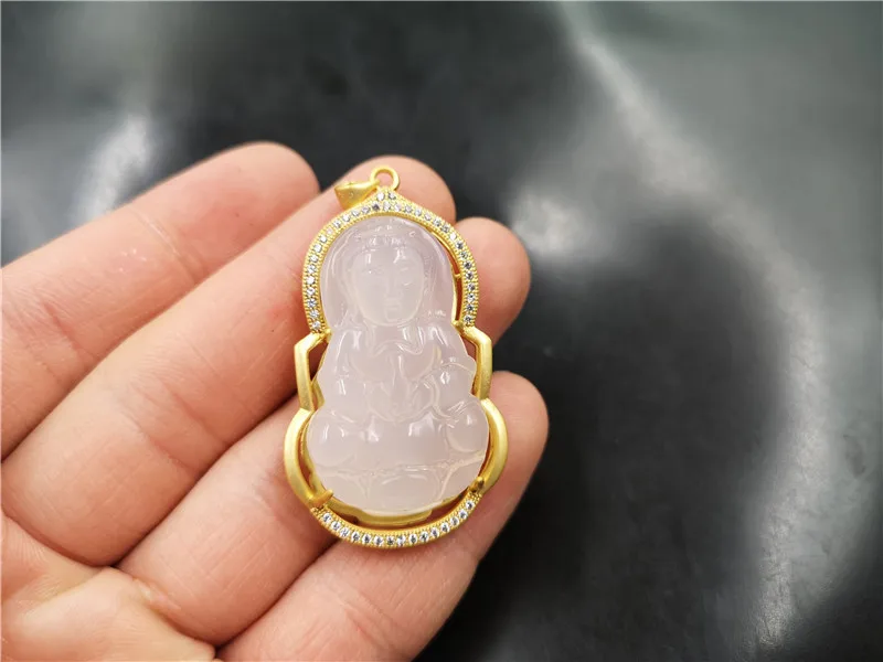  Горячая продажа мужской Агат Гуаньинь древнее золото инкрустированный Зеленый Халцедон кулон ожерелье