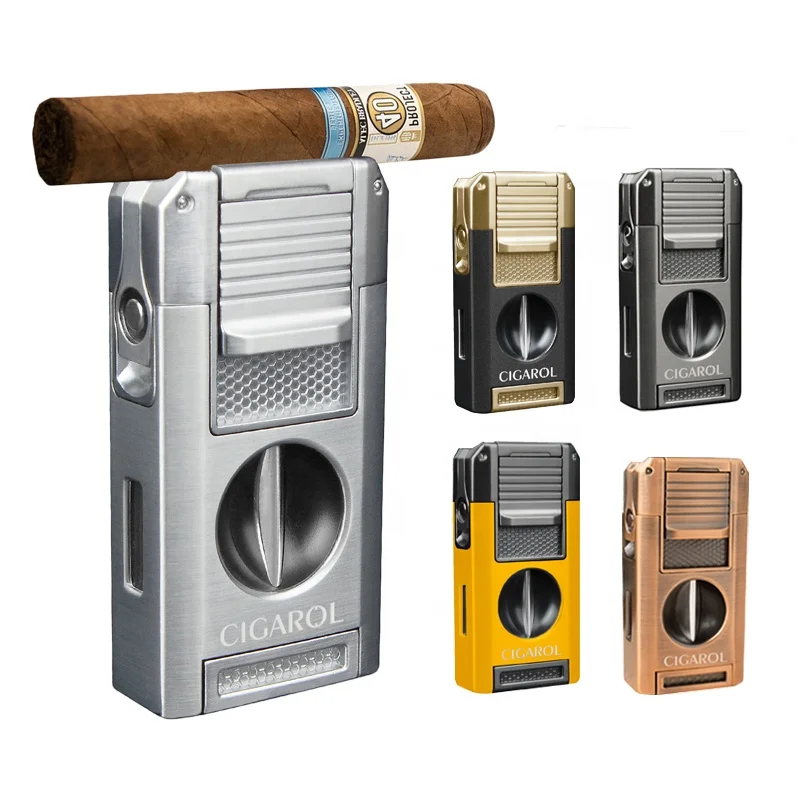 Factory Custom Luxury Logo Butane Windproof Torch Lighters Smoking Accessory Cigar Lighter with Cutter