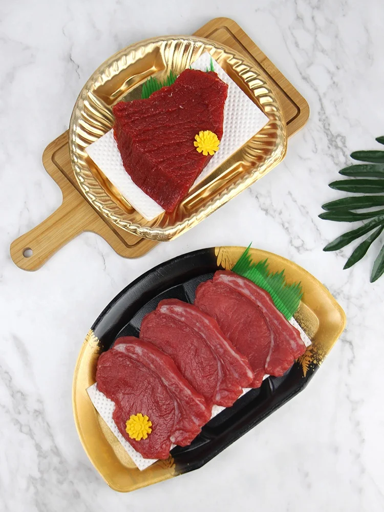 Fan-shaped round black gold wood grain gold foam deli beef lamb seafood steak prawns disposable food packing freshness tray