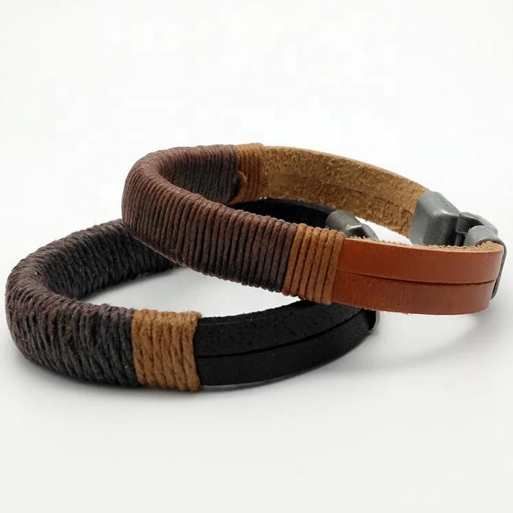 Steel Black Leather Twine Bracelet Hand Woven PU Leather Bracelet Wholesale