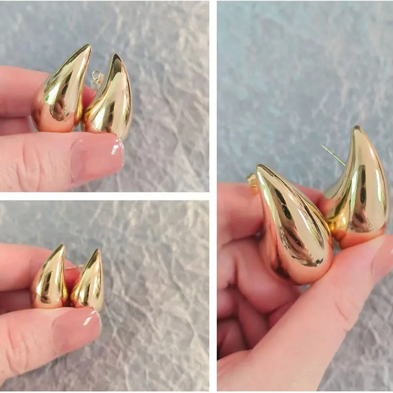 Vintage Gold Plated Metal Chunky Dome Drop Earrings for Women Fashion Glossy Thick Teardrop Earrings Lightweight Hoops Jewelry