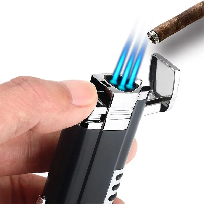 Metal custom inflatable torch lighter triple jet flame cigar lighter with cigar knife/refillable butane gas lighter