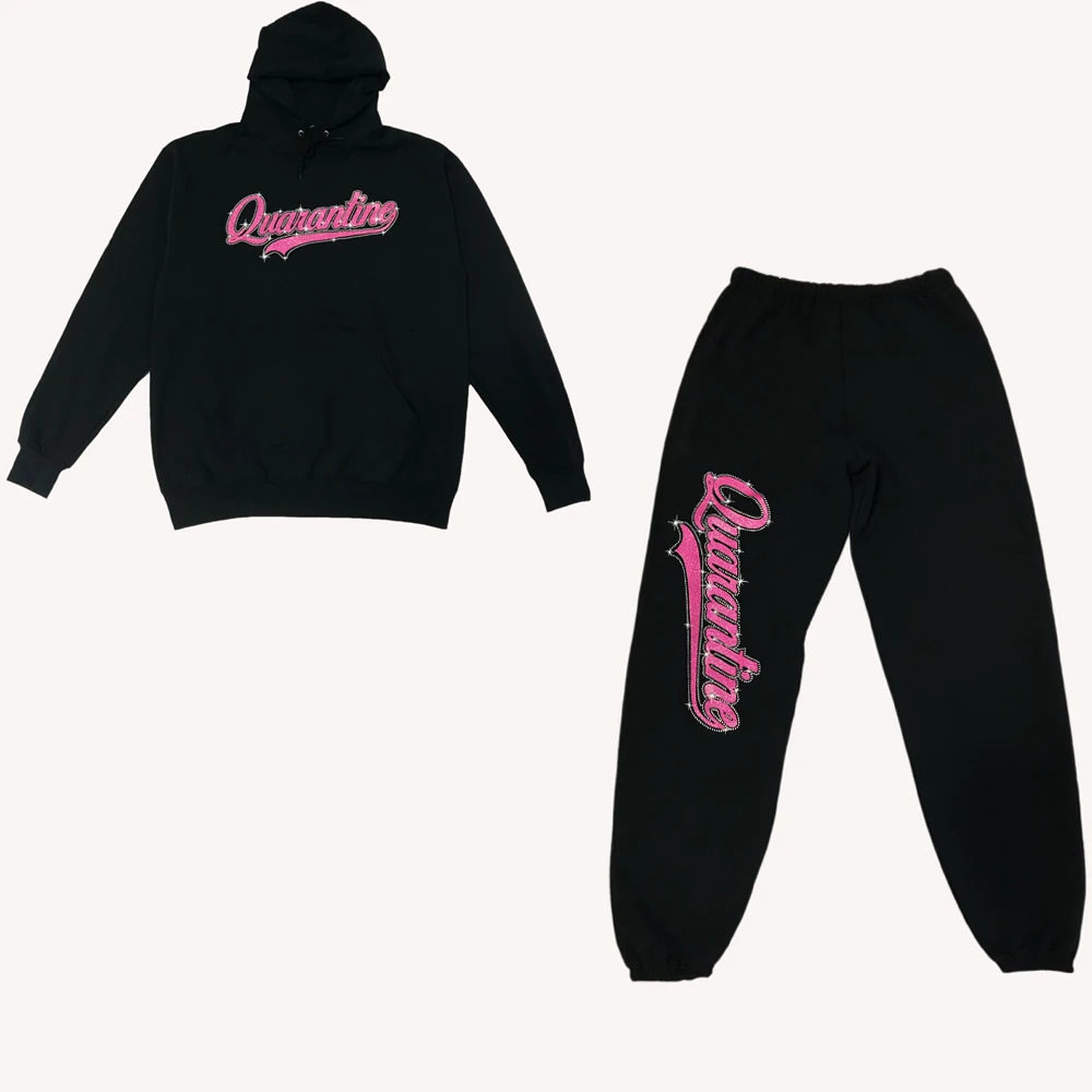 2021 New Fashion Custom Reflective Black Hoodie Loose Pink Glitter Rhinestone Womens Sweatsuits
