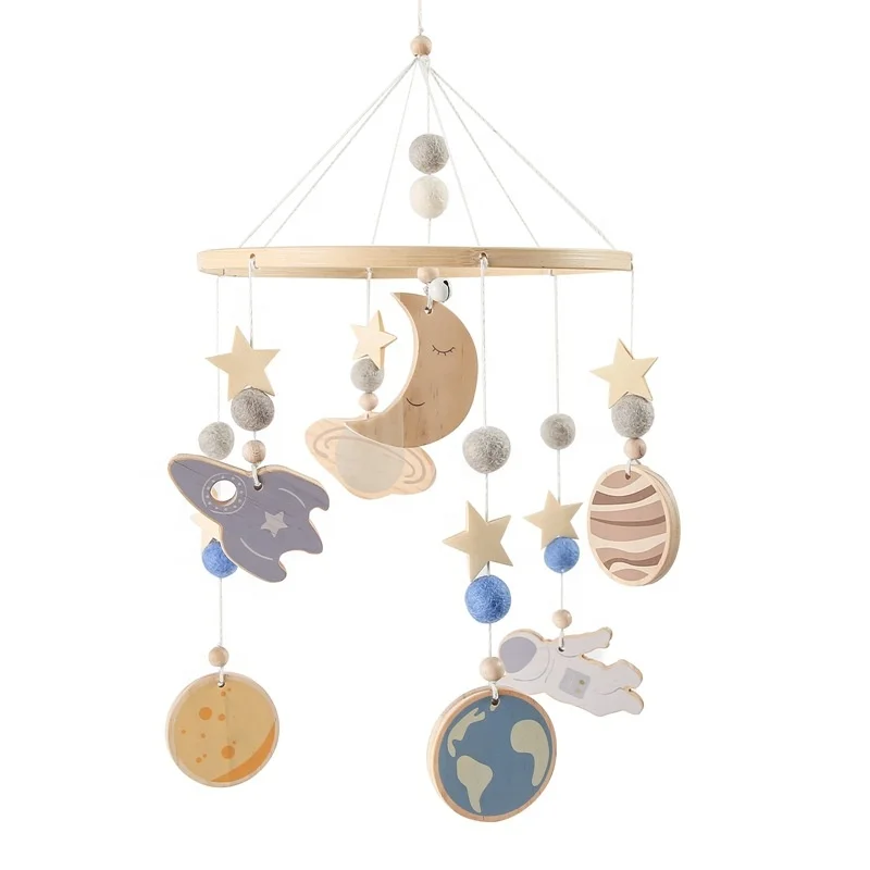 Kids Room Decor Baby Shower Gift Kids Hanging Handmade Toys Wooden Planet Moon Star Rocket Astronaut Baby Crib Mobile Nursery