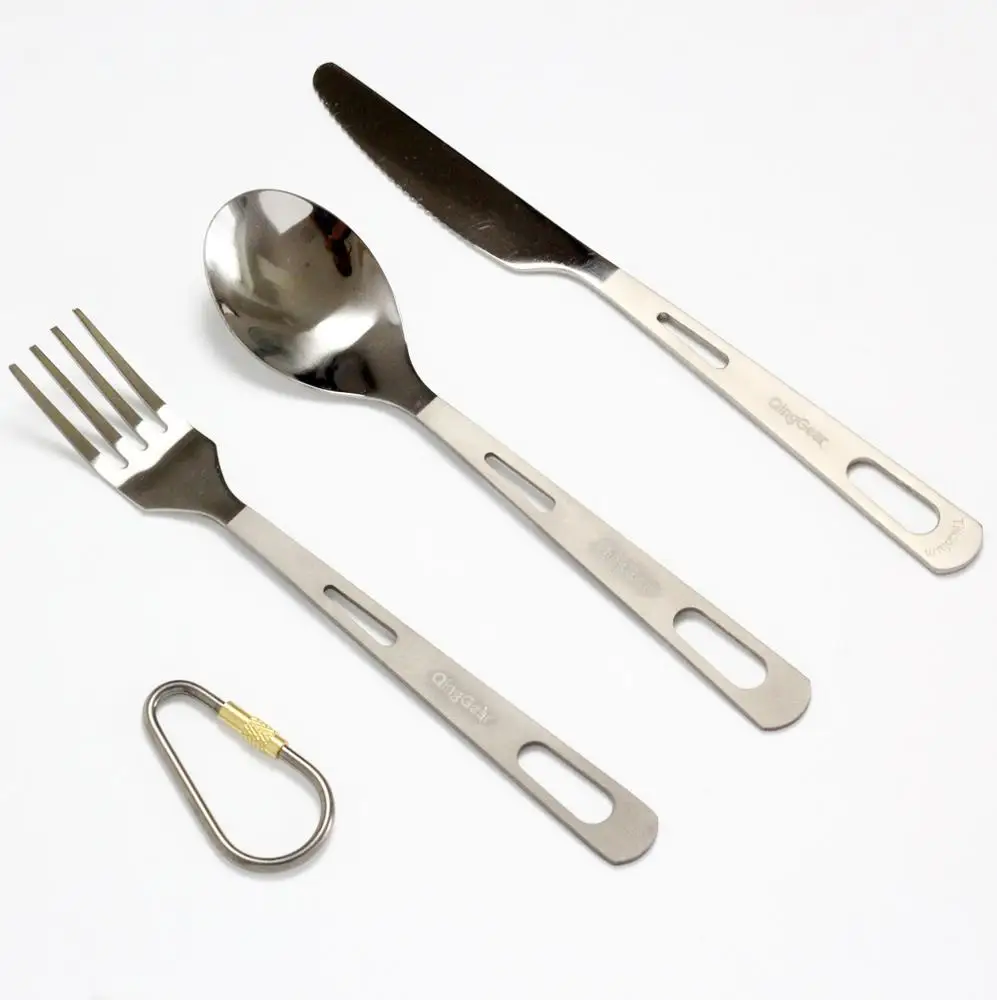 
QingGear Titanium Cutlery Set Lightweight Fork Spoon Knife Set Outdoor Picnic Tableware Cookware with Biner and Nylon Pouch 