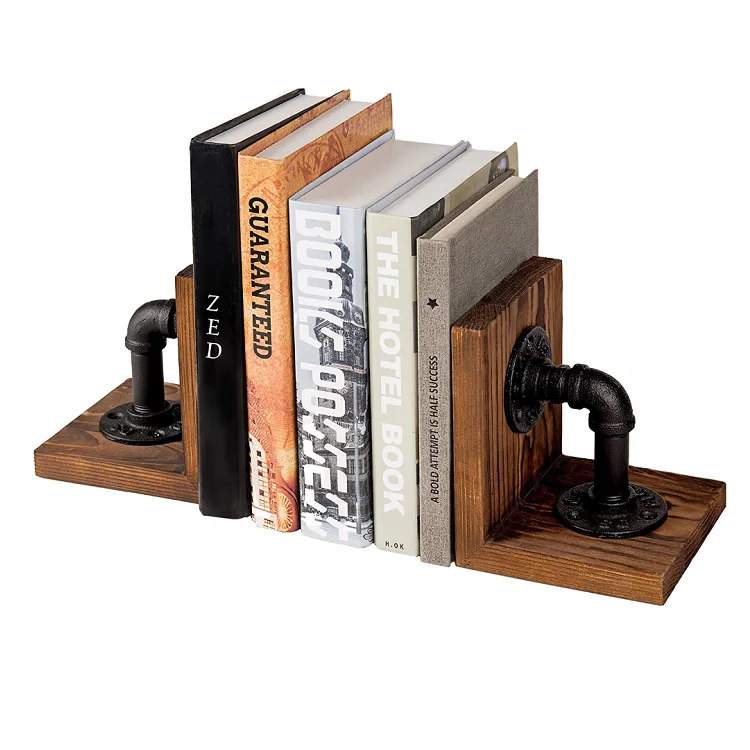 Hot sale L shaped office bookshelf desk decorative brown wood rustic bookend