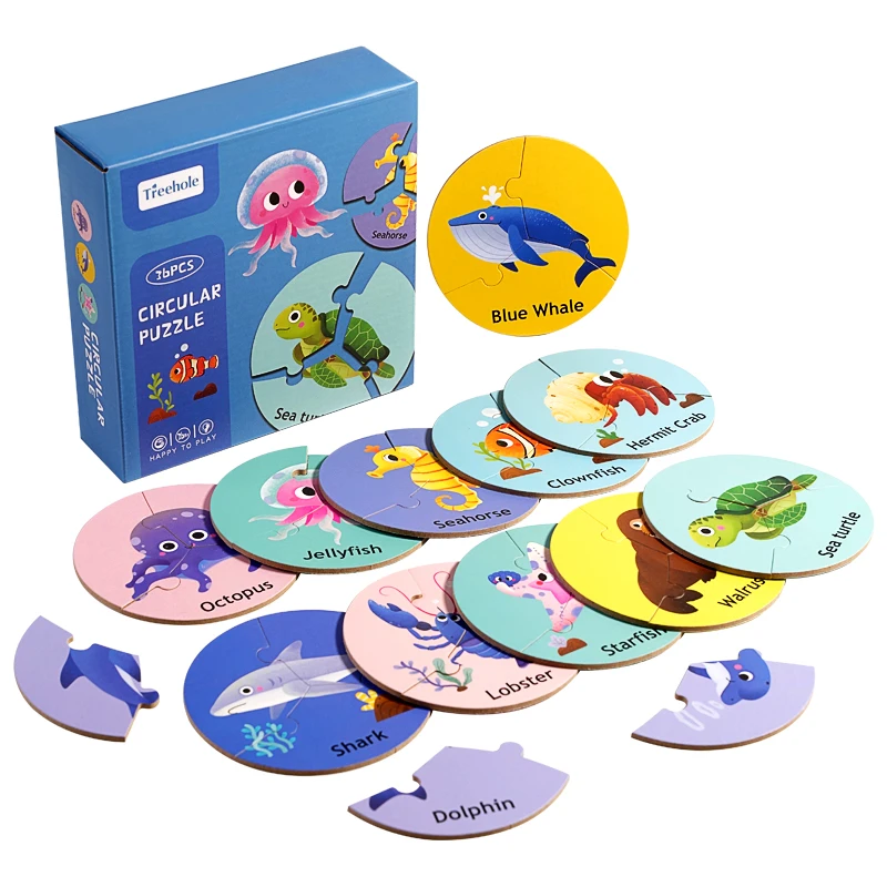 Educational Wooden 36 pcs Puzzle Forest Marine Animal Cognitive Wood Circular Puzzle Toy Kids Newest Word Spelling Puzzle Games