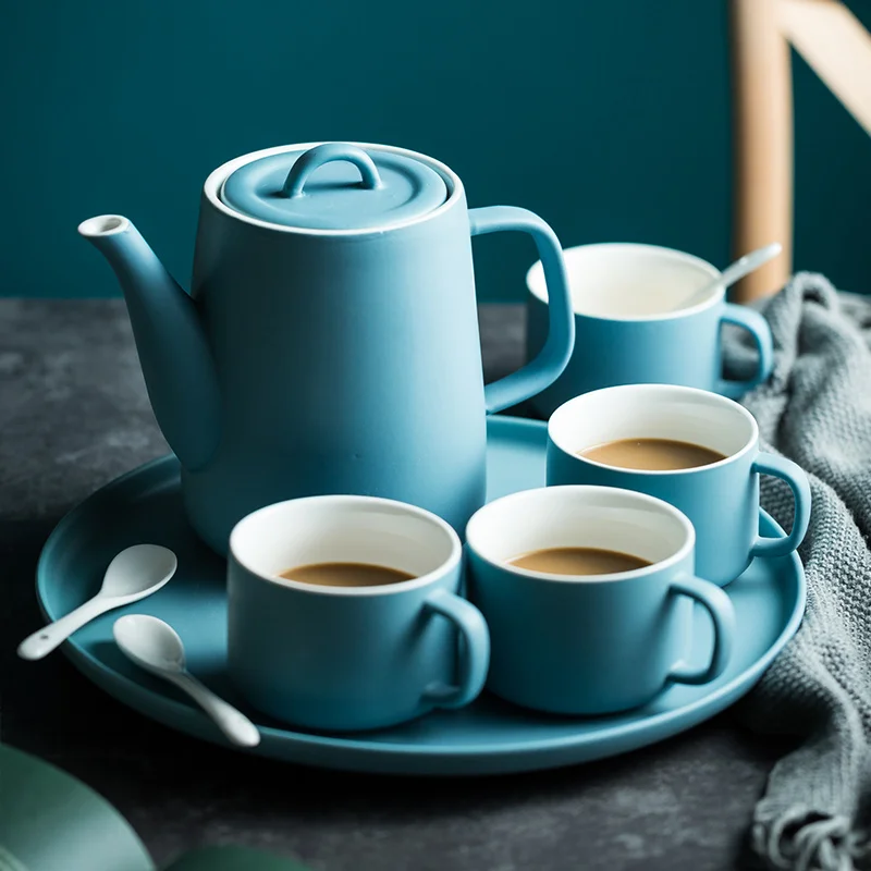 Wholesale elegant design teaware matte blue porcelain coffee tea set for restaurant