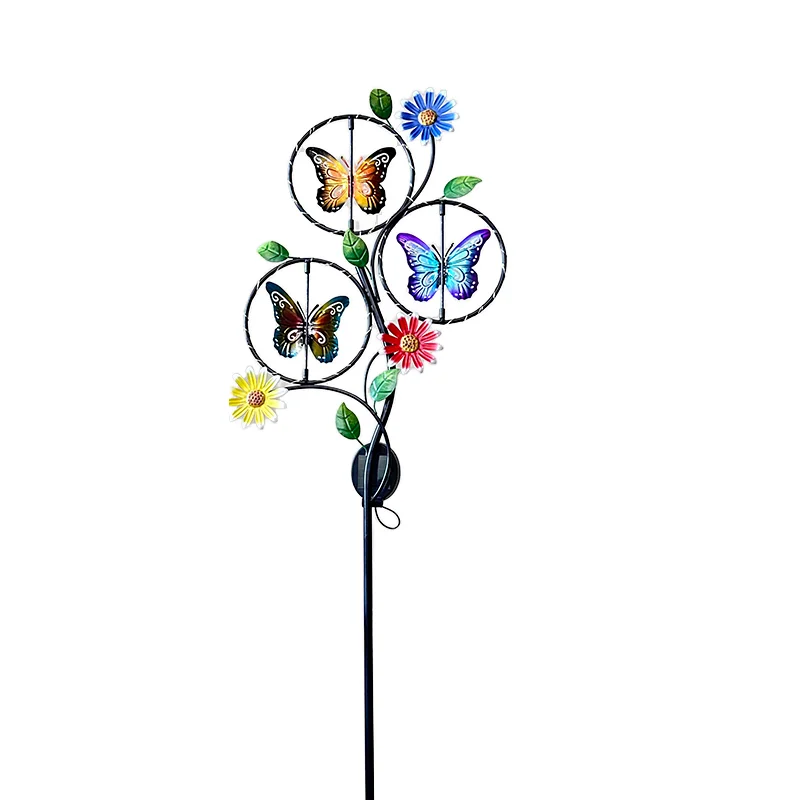 Hot Selling Solar Powered Outdoor Garden Windmill with Butterfly and Flowers Metal Wind Spinners with Micro Chain Lights