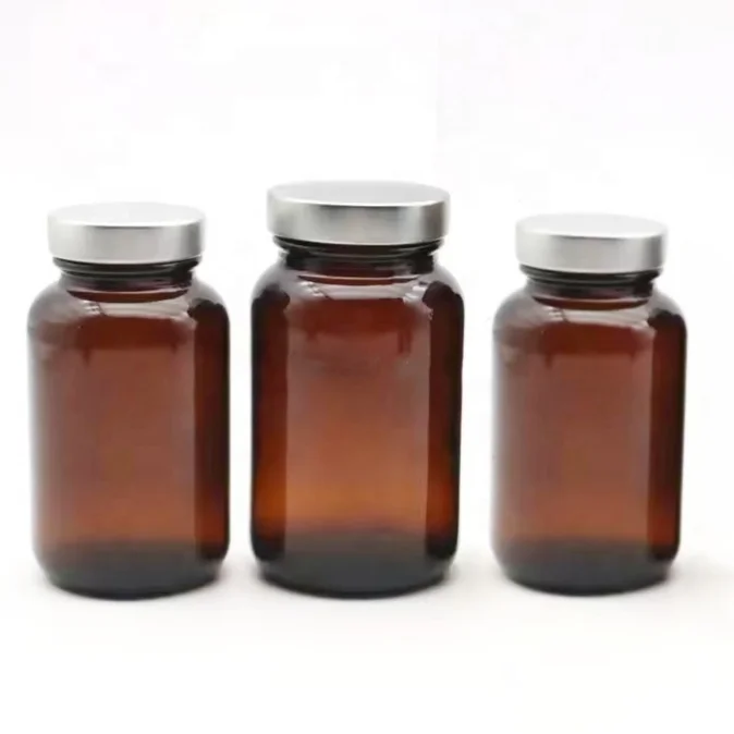 Wide mouth 2oz 4oz 8oz amber glass pill bottles with aluminum lined caps