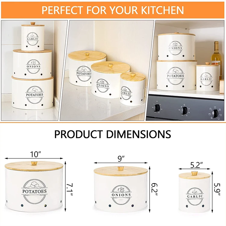 Canister Sets For Kitchen Counter 3 Piece Garlic Potato Onion Keeper Kitchen with Wooden Bamboo Lids