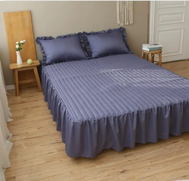 Korea Style Quilted Mattress Protector Cover Elastic Band Fitted Bed Skirt with Princess Frill Plain Summer Hospital Bed Cover
