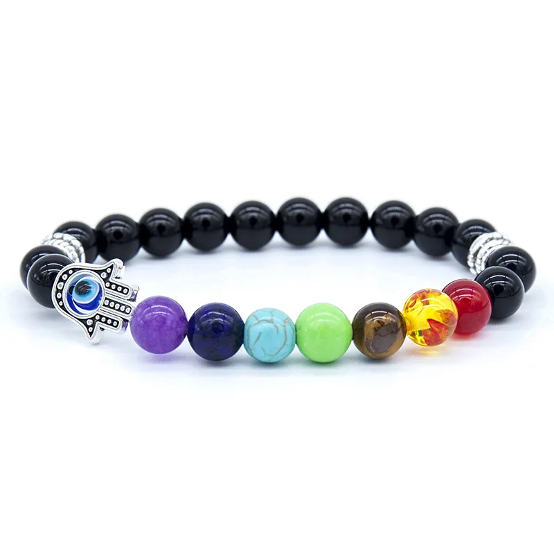 2022 New Arrival Natural Stone Hand Of Fatima Chakra Bracelet Coloful Lava Crystals Healing Stone Beaded Evil Eye Bracelet