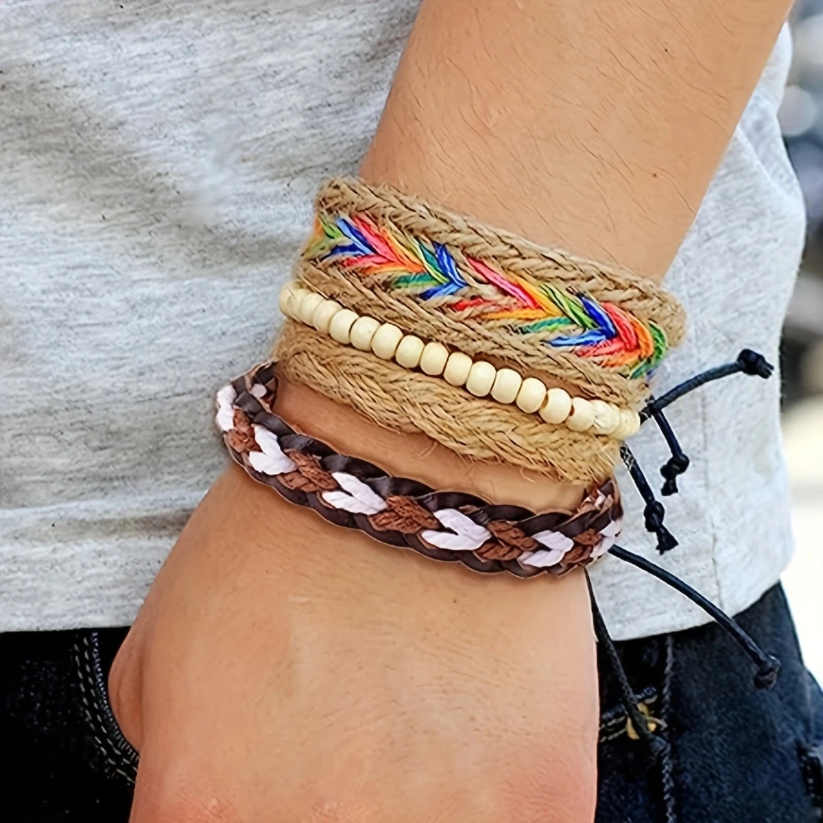 12Pcs Braided Leather Bracelets Set For Men Women Wooden Beaded Cuff Wrap Bracelet Boho Ethnic Tribal Linen Hemp Cords Wrap