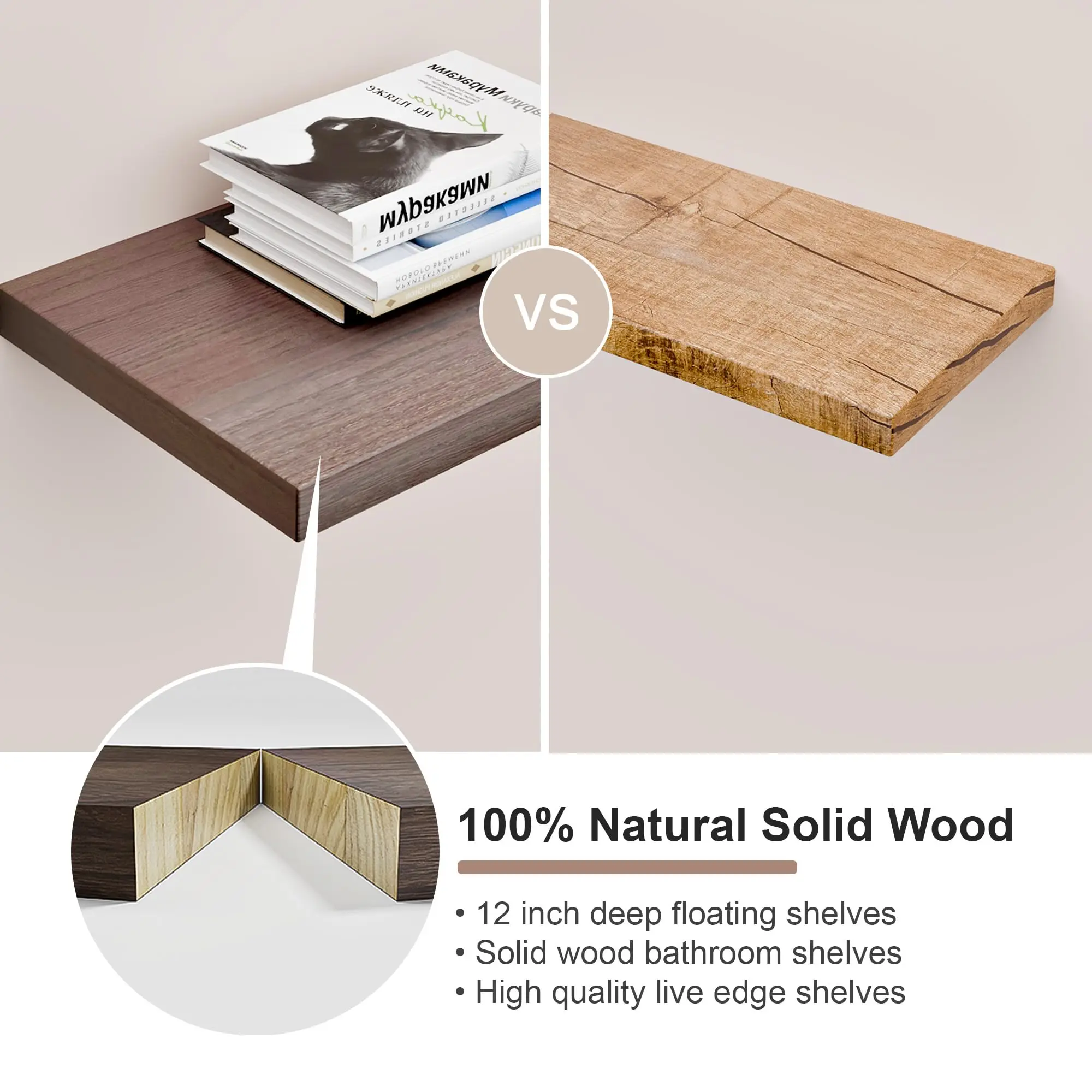 12-Inch Deep Rustic Bathroom Floating Shelves Solid Wooden 16-Inch Long Wall Display Shelves Brackets Live Edge Shelf
