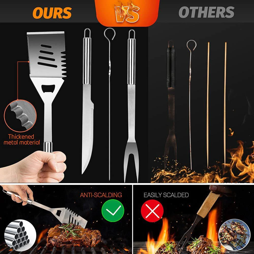 28pcs/set Stainless Steel BBQ Tools Set Apron Storage Bag Outdoor Camping Grill Accessories Barbecue Knife Fork Shovel Oil Brush