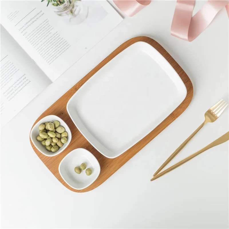 Custom logo restaurant appetizer serving ceramic cheap plates dishes with bamboo base