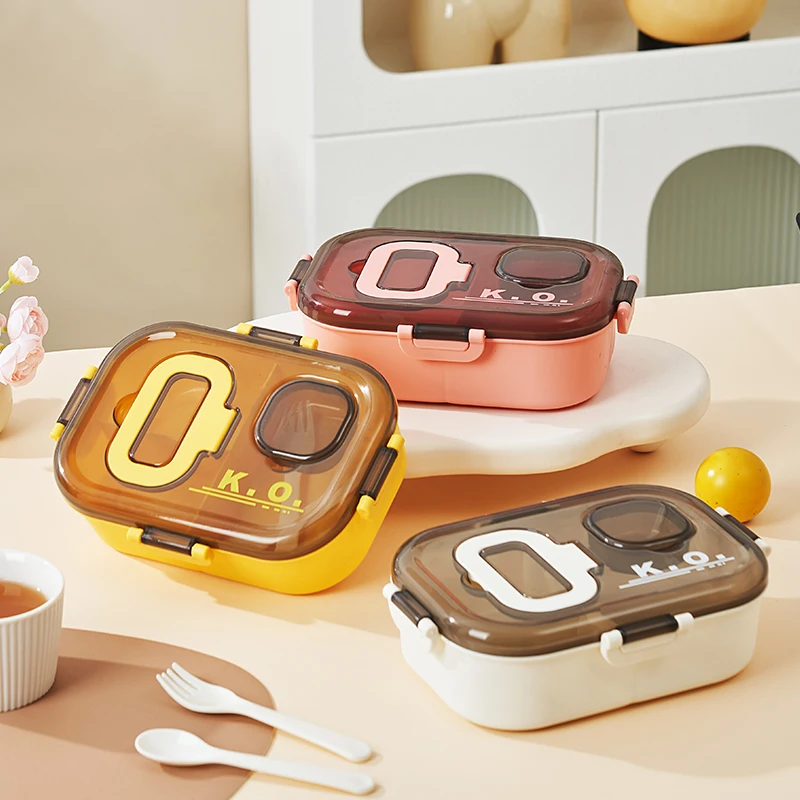 Portable 3-Grid Lunch Box for Students Kids Bento Container with Fork Spoon Microwavable Odor Prevent Storage for School Food