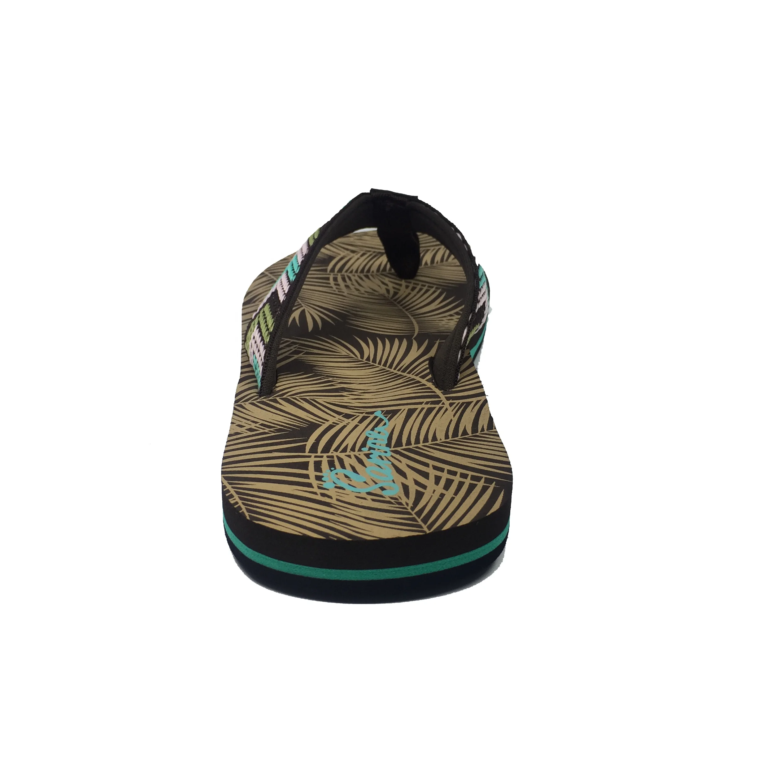 Double color webbing strap customized palm tree silk printed soft EVA sole sheet woman nude woman flip flops