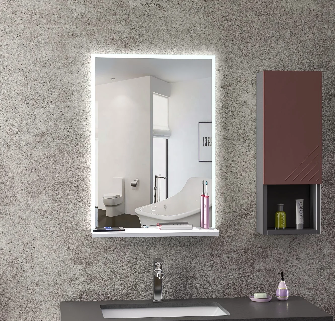 Smart Bathroom Mirror with Phone & Toothbrush Charger / Double Sided LED Mirror with Shelf