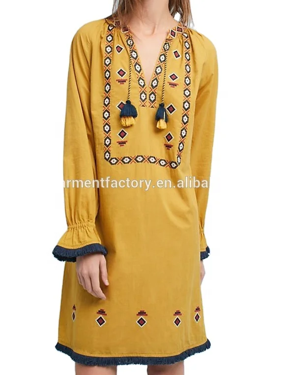 Стильная туника женское платье желтое с вышивкой длинным рукавом женские свободные платья горячая Распродажа одежда повседневные миди Stb-0701 Мексика