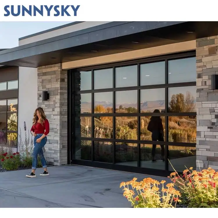 Sunnsky New Design Modern aluminum tempered full view glass garage door price mirror plexiglass panel garage doors