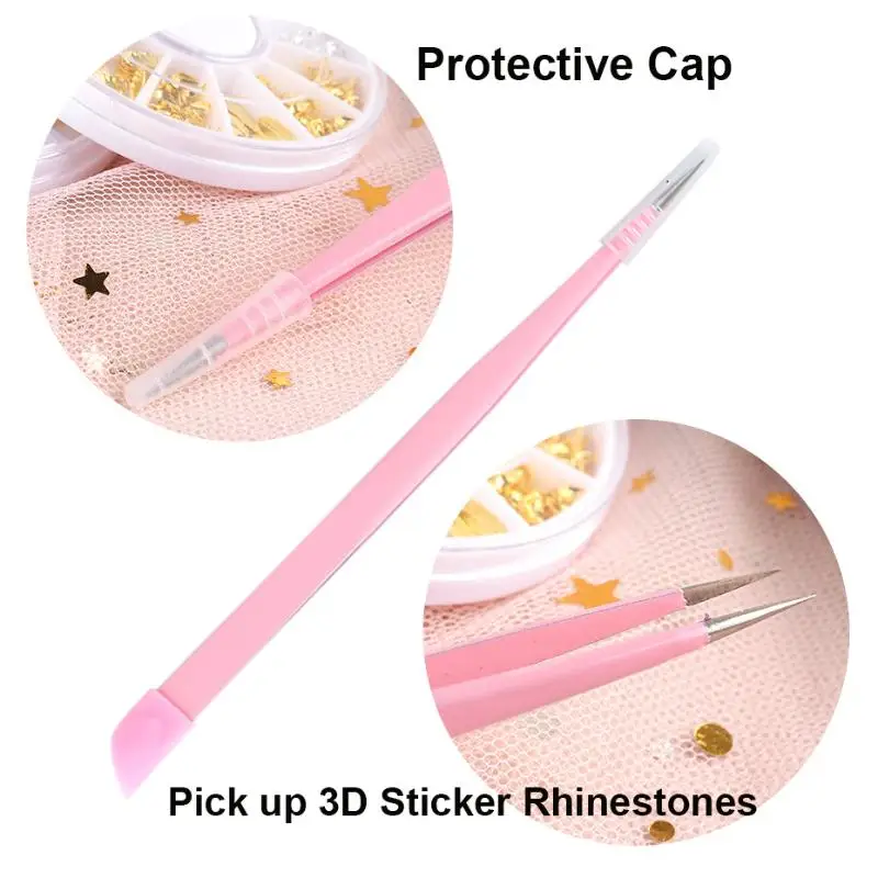 Nail Art Equipment Tweezers With Silicone Pressing Head for 3D Sticker Rhinestones Water Stainless Steel Nails Tool