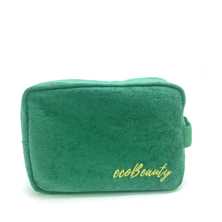  Eco friendly darker green RPET terry cloth makeup bags sustainable towel cosmetic pouch for