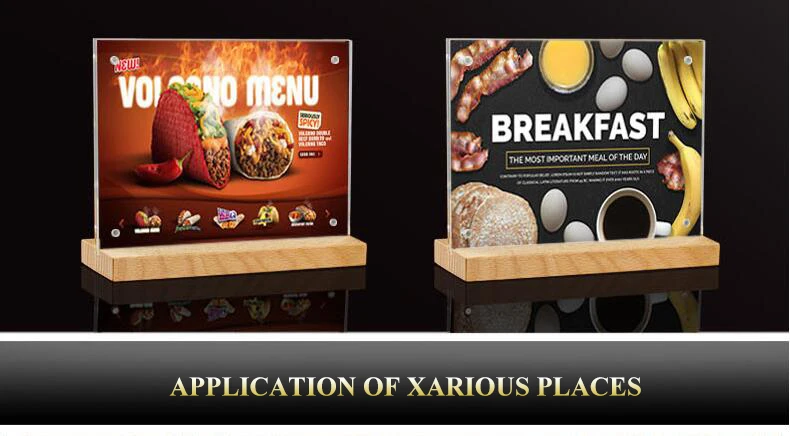 Horizontal T-shaped table card inserted into acrylic PS wooden shop advertising sign wooden display stand