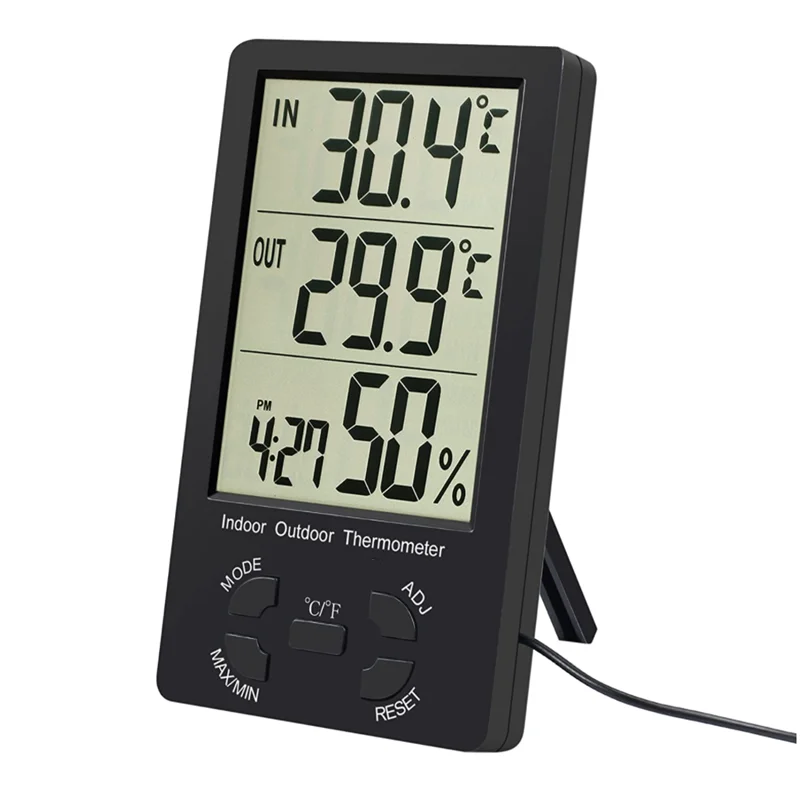Free Sample Digital Indoor Outdoor Large LCD Display Wall Alarm Clock 3 in 1 Thermometer Hygrometer External Probe Sensor Cable