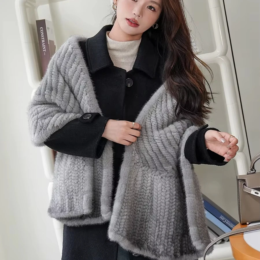 Lady Natural Real Mink Fur Knitted Shawl Knitting Wrap Luxurious Winter Fashion shawls for women