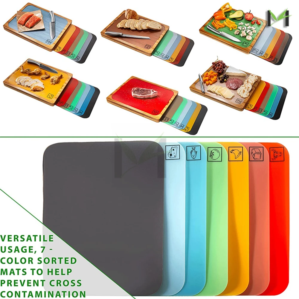 HOMEX Custom Multi-use Bamboo Cutting Board with 6 Colored BPA Free PP Mats