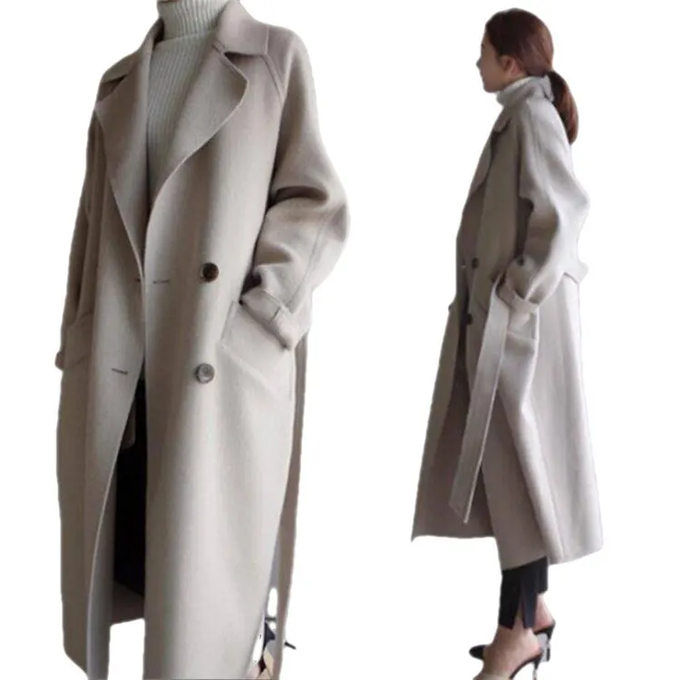 2024 Hot Women Double Breast Woolen Coats Casual Plain Suit Oversized Overcoat Lady Winter Plus Size Long Blazers Coat Jackets