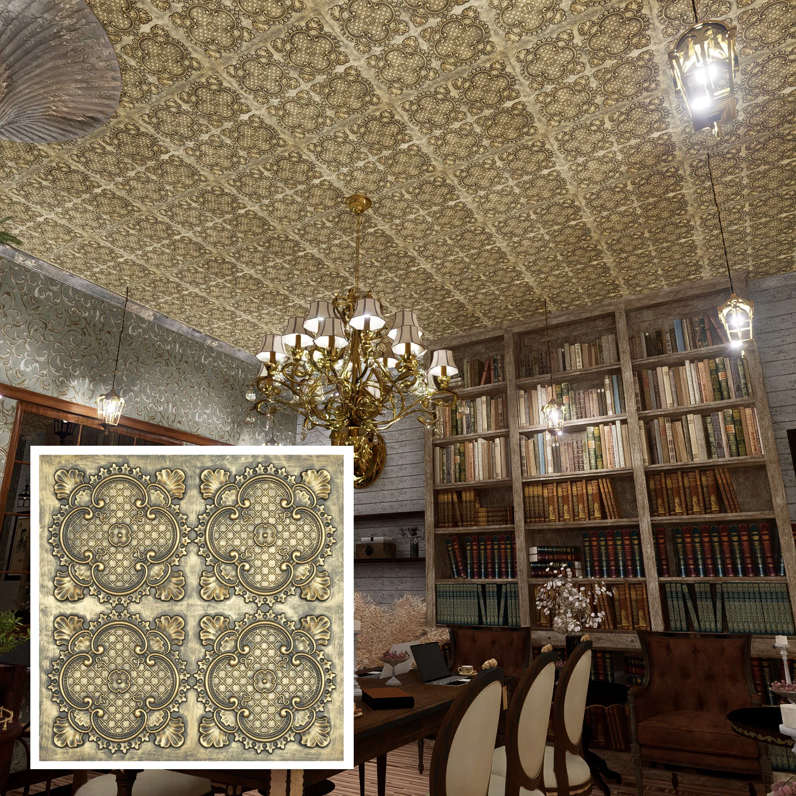 Distress Tin Ceiling Tiles interior decorative panel Easy to Install PVC Panels for Cafe Club PL80 Ancient gold