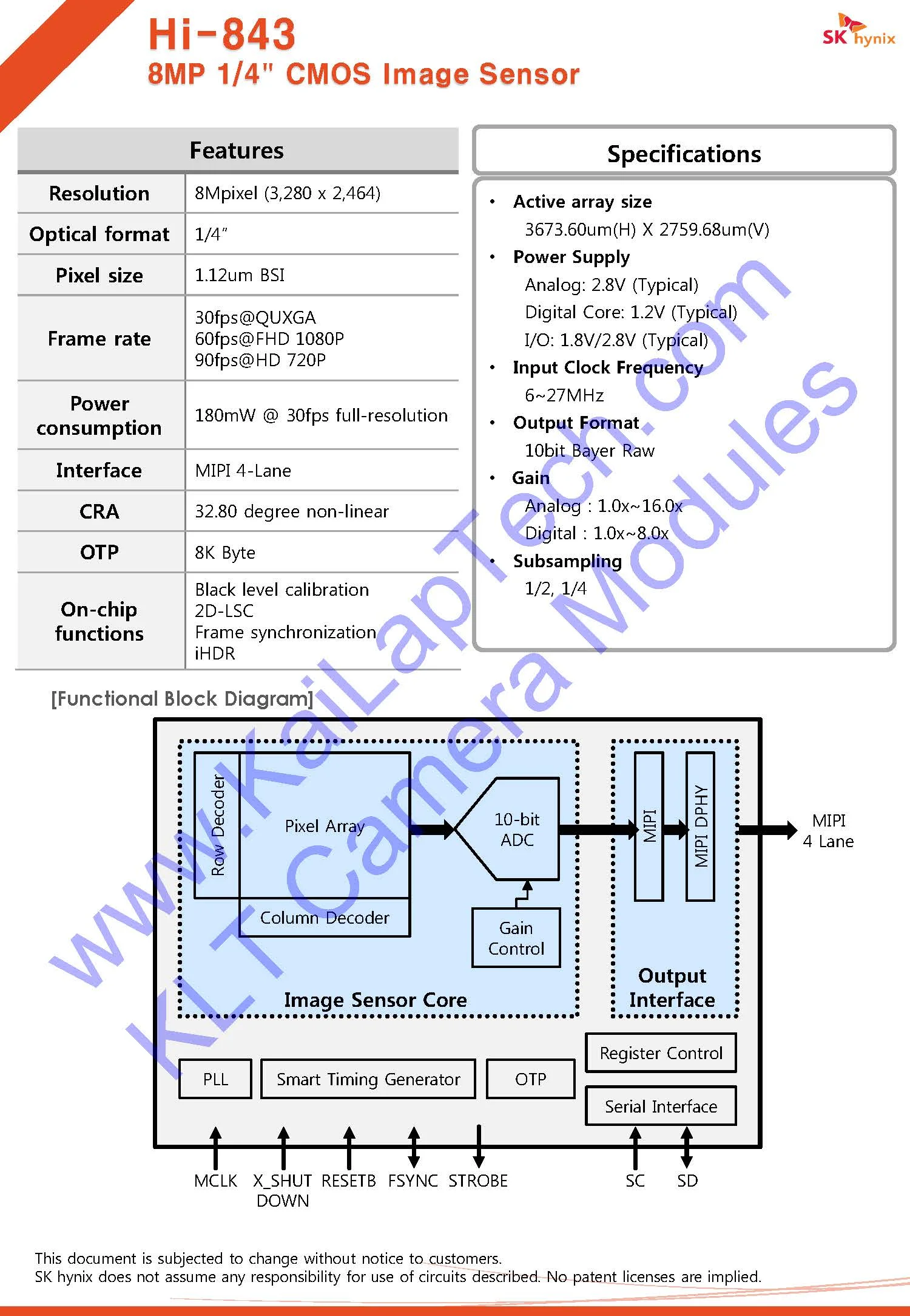 KLT-L7MA-HI-843B V1.0 Hynix HI-843B Интерфейс MIPI с автофокусом Модуль 8MP