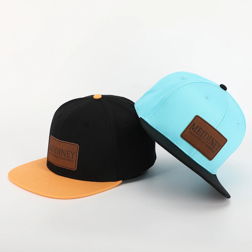 OEM Custom Design Your Own Logo 6 Panel High Quality Flat Brim Plain Cotton Hip Hop Snapback Hat Caps With Leather Patch