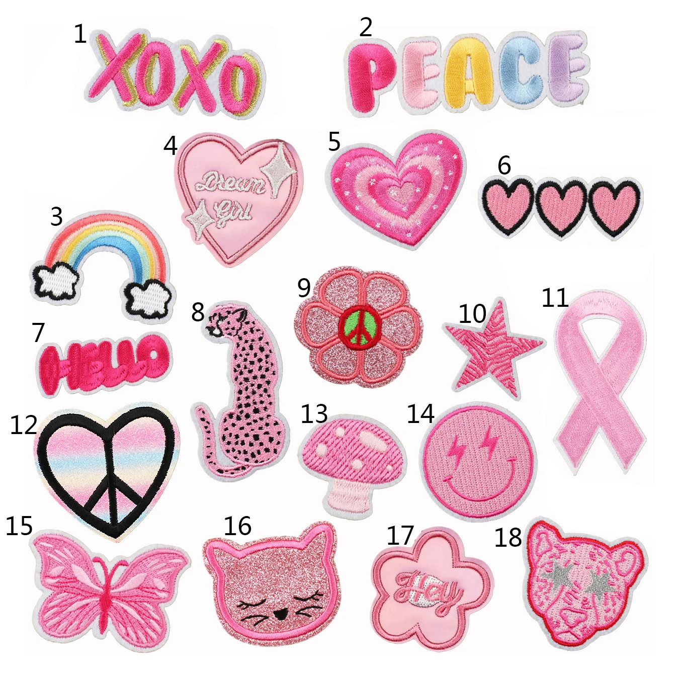 New Cute Pink Series Glitter Iron On Embroidery Patches Smiley Leopard Heart Patches